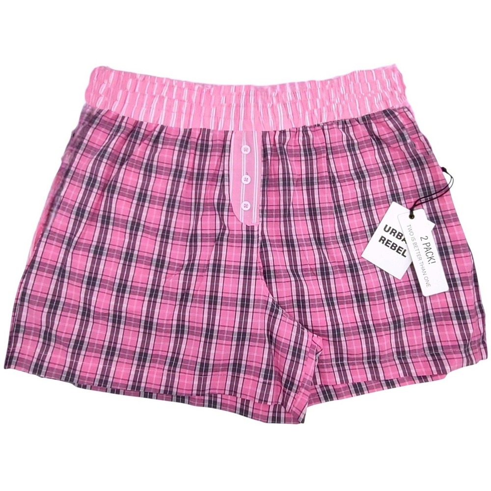 2 Cotton Sleep Shorts Womens (M) Pajama Boxer Pockets Pink Plaid & Pink Striped - Picture 2 of 9